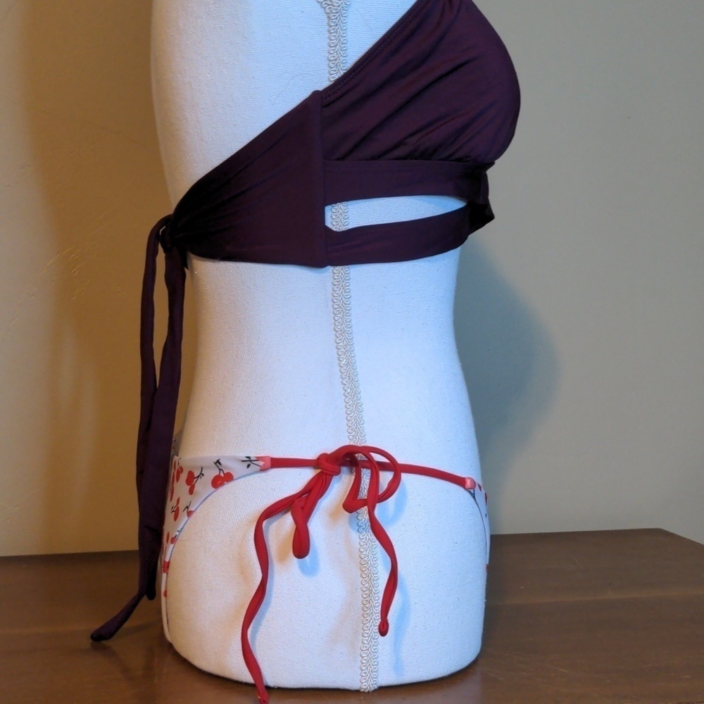 KONA SOL Faux Wrap Halter Bikini with Poppin Cherry String Bikini Bottom Size L - Picture 10 of 13